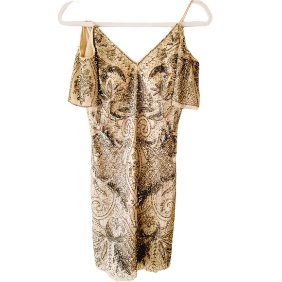 Aidan Mattox Champagne Sequined Beaded Cold Shoulder Formal Party Mini Dress - Picture 6 of 9